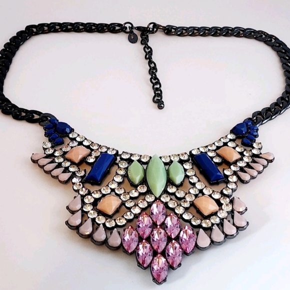 LORI GOLDSTEIN LOGO RUNWAY STATEMENT COLLAR NECKLACE PINK BLUE CRYSTAL GUNMETAL - Picture 12 of 14